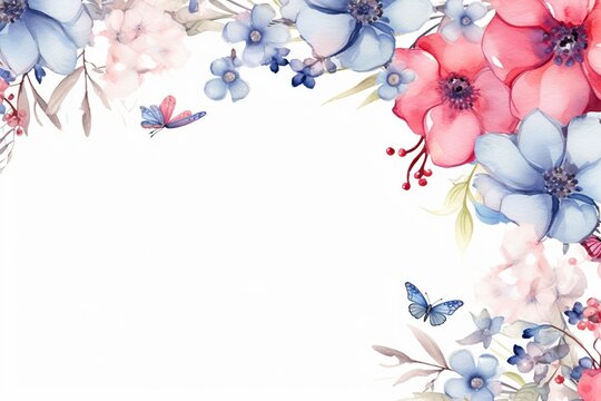Frame with watercolor wildflowers, pink and blue flowers, and a dragonfly on a white background. Generative AI