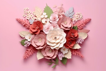 Obraz na płótnie Canvas 3D floral bouquet with hydrangeas and wild roses on pink background. Generative AI