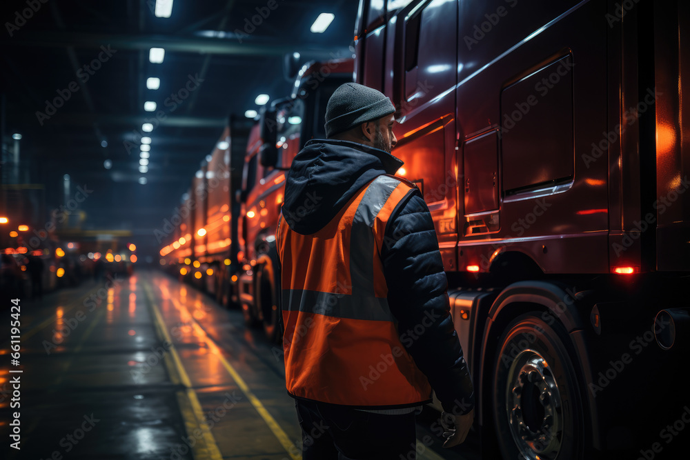 Poster a truck driver inspecting the contents of their cargo before departure, highlighting the role of tra