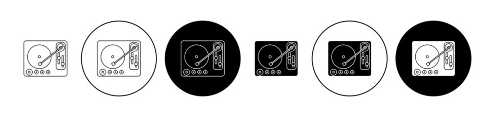 Vinyl player icon set. Dj record turntable vector symbol in black filled and outlined style.