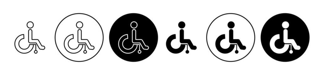 Wheelchair icon set. Disability electric wheel chair vector symbol in black filled and outlined style.