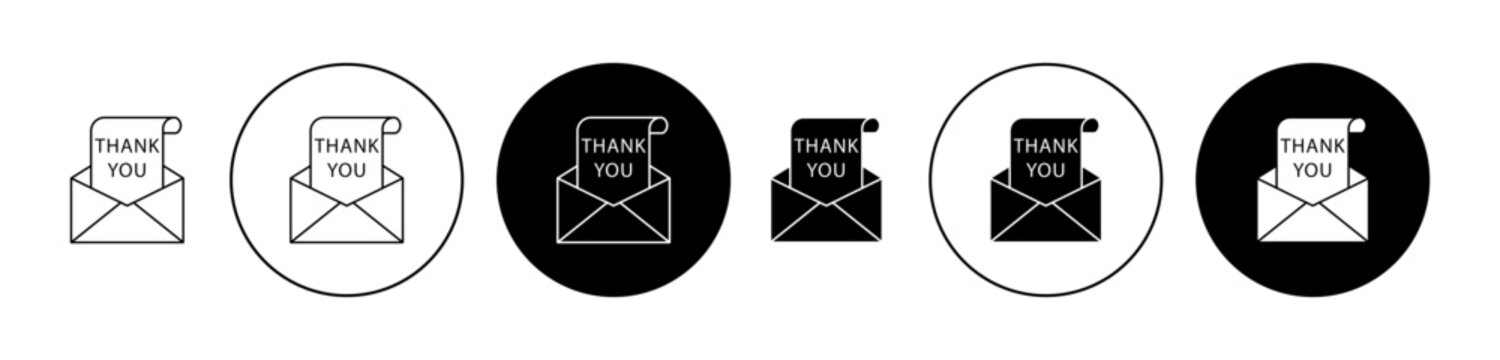 Thank you letter icon set. Thank you mail vector symbol in black filled and outlined style for ui designs.