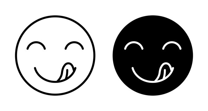 Savoring food emoji icon set. Hungry face vector symbol in black filled and outlined style.
