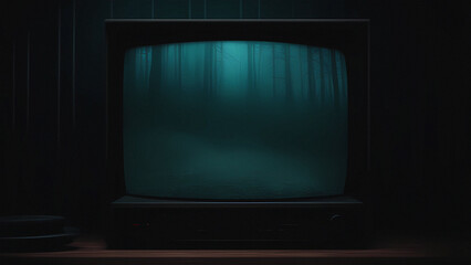 An old TV shows a dark forest on the screen. Mysticism and horror, retro style