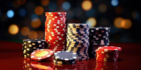  Stack of casino chips on a table, with a blurred casino background.