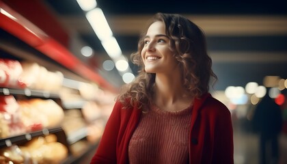 Fototapeta premium Young woman grocery shopping at the supermarket
