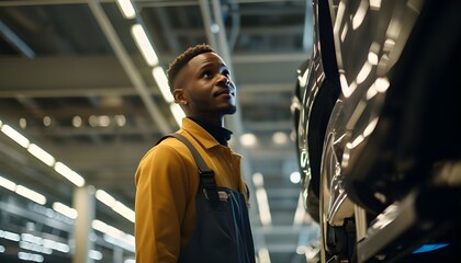 Young african american factory worker inspecting car production
