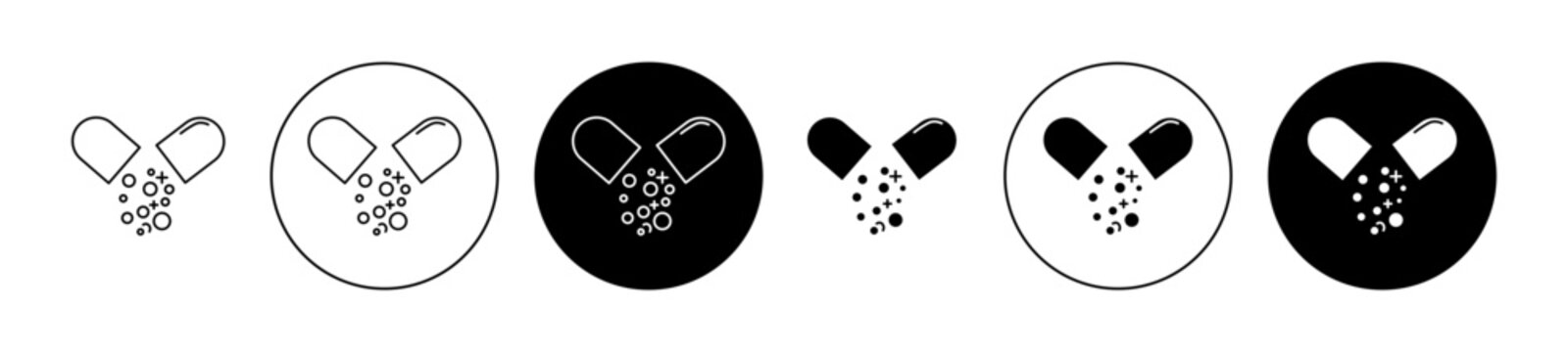Open capsule pill icon set in black filled and outlined style. Pharmacist drug vector symbol for ui designs.
