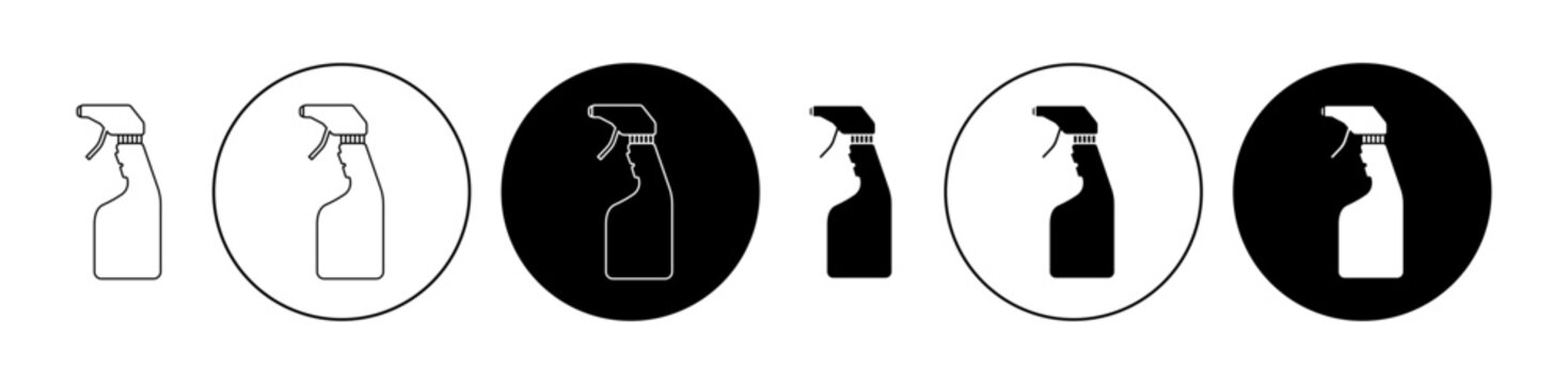 Car cleaning spray icon set in black filled and outlined style. Chemical product spray bottle vector symbol for ui designs.