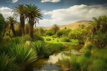 Fototapeta na wymiar A stunning landscape of a lush African oasis. Generative AI