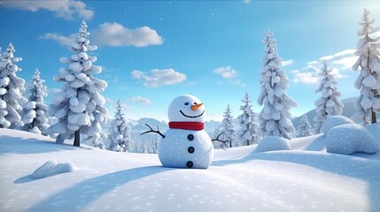 Craft a scene featuring a snowman surrounded by a snowy landscape on a white background, generative ai