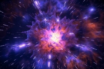 3D rendering of cosmic beauty, purple fireworks bursting in an abstract galactic background, glowing stars in outer space. Generative AI