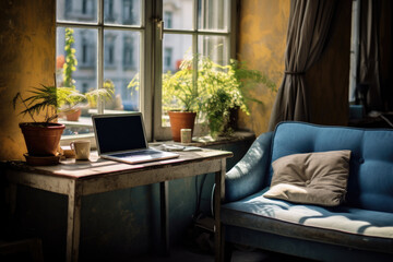 Living room with laptop - obrazy, fototapety, plakaty