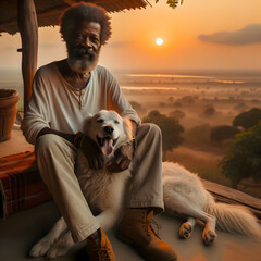 Man and dog:A middle-aged African male, wearing casual attire, sits on a rustic porch with the horizon lovingly with his golden retriever