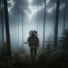 Finding your way: A man navigates through a dark forest, and mindful metaphor for finding yourself. 