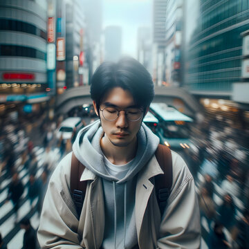 Mindfulness: An Asian individual, wearing glasses and a casual jacket, finds solace in the midst of a dynamic urban landscape