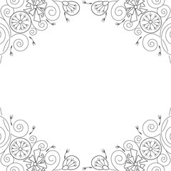Stylized dandelion flowers and swirls, black and white line art, vector.