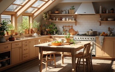 Fototapeta na wymiar Bright sunlight Modern Style kitchen with wooden furniture