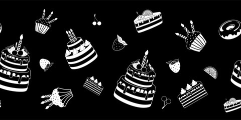 Seamless border of black and white dessert icons on a black background. Vector illustration of packaging design, ribbon, wrapping paper.