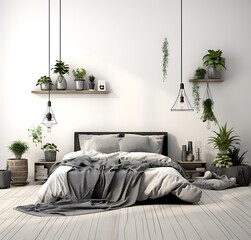 Interior of modern bedroom with white walls, wooden floor, comfortable king size bed with gray linen, potted plants and hanging lamps. 3d render