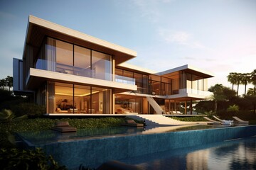 Contemporary villa's exterior showcasing sleek architecture and an infinity pool. Generative AI