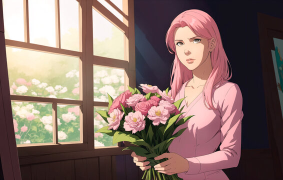 Beautiful girl with pink hair holding a bouquet of peonies