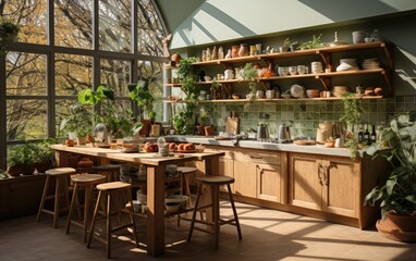 Fototapeta na wymiar Bright sunlight Modern Style kitchen with wooden furniture
