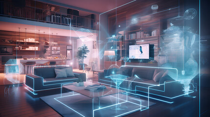 Modern living room, smart home concept  - obrazy, fototapety, plakaty