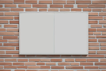 blank white frame on a brick wall. 3d rendering blank white frame on a brick wall. 3d rendering white blank billboard on brick wall. mock up