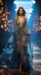 Gorgeous Model showing off her Dress on the catwalk. Beautyful Woman with a Long Blue Dress with Flowers