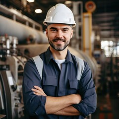  young professional worker on pipe in modern factory with smile and arms crossed aan bzl, in the style of stark and unfiltered, performance-oriented