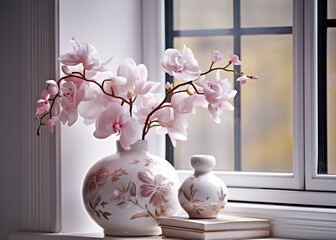 vase with pink orchids by the window created with Generative AI technology
