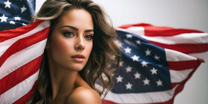 Portrait of beautiful young brunette woman with painted American flag over her face, American flag background, patriot banner, template 