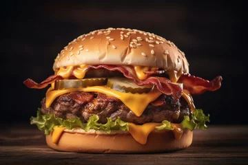Fotobehang Double cheeseburger with bacon, a delicious fast food option. Generative AI © Ronan