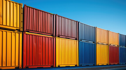 Many shipping containers at a shipping port, colored shipping containers for maritime shipping of goods. 