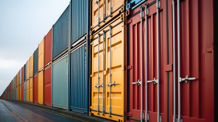 Many shipping containers at a shipping port, colored shipping containers for maritime shipping of goods. 
