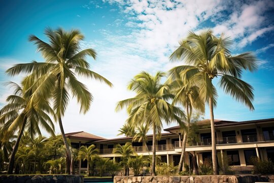 Amazing Tropical Hotel seen from Outside. Exterior Design of a Exotic 5 Star Resort with Pool and Palms. Summer Vacation Idea.