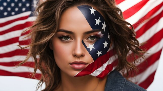 Portrait of beautiful young brunette woman with painted American flag over her face, American flag background, patriot banner, template 