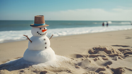 concept - happy snowman in the sand of a beach in the afternoon of Christmas day - obrazy, fototapety, plakaty