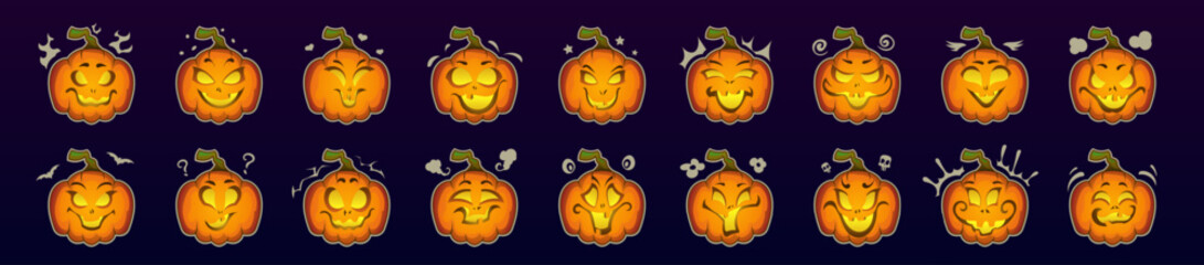 Big set of vector cartoon pumpkins. Pumpkin emoji stickers set. Cartoon pumpkin face, character expression. Caricature comic emotions, emoticon, doodle, sketch, illustration. Isolated icons set.