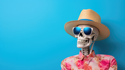 Skeleton in stylish fashion clothing isolated on flat blue background with copy space, halloween clothing store promotion banner template. 
