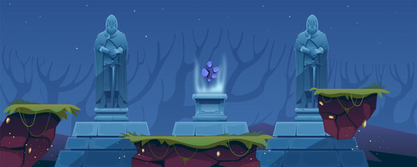 Obraz premium Medieval statue of a knight with a sword, stone pedestal with magic crystals. Game level with platforms, game background. Statues of ancient warriors on a stone pedestal. Vector cartoon illustration.
