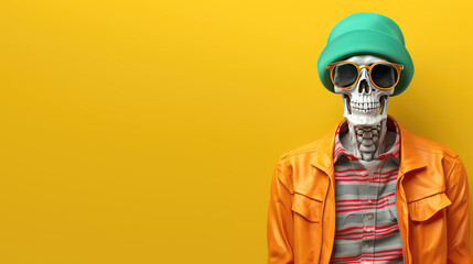 Skeleton in stylish fashion clothing isolated on flat yellow background with copy space, halloween clothing store promotion banner template. 