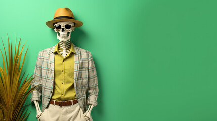 Skeleton in stylish fashion clothing isolated on flat green background with copy space, halloween clothing store promotion banner template. 