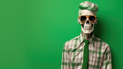 Skeleton in stylish fashion clothing isolated on flat green background with copy space, halloween clothing store promotion banner template. 