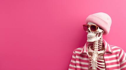 Skeleton in stylish fashion clothing isolated on flat pink background with copy space, halloween clothing store promotion banner template. 