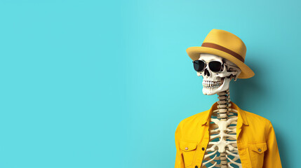 Skeleton in stylish fashion clothing isolated on flat blue background with copy space, halloween clothing store promotion banner template. 