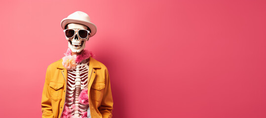 Skeleton in stylish fashion clothing isolated on flat pink background with copy space, halloween clothing store promotion banner template. 
