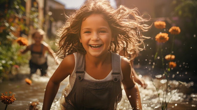 little girl running and playing in the yard of her house in a puddle of water