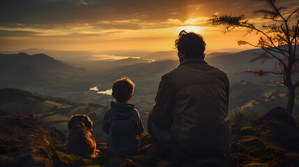 father with his son on the top of the mountain next to his pet looking at the sunset - education and life lessons concept - obrazy, fototapety, plakaty